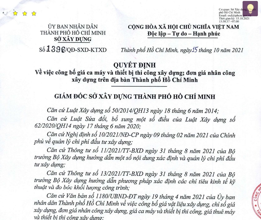 Ngày 15 tháng 10 năm 2021 Ủy ban nhân dân tỉnh Hồ Chí Minh ban hành Quyết định số 1396/QĐ-SXD-KTXD; về công bố đơn giá nhân công tỉnh Hồ Chí Minh năm 2021